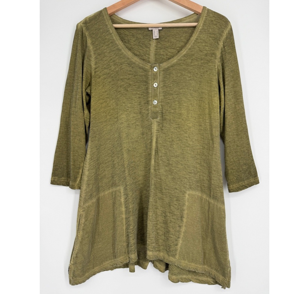 LOGO by Lori Goldstein Green Distressed Cotton‎ Slub Henley Shirt Top Lagenlook